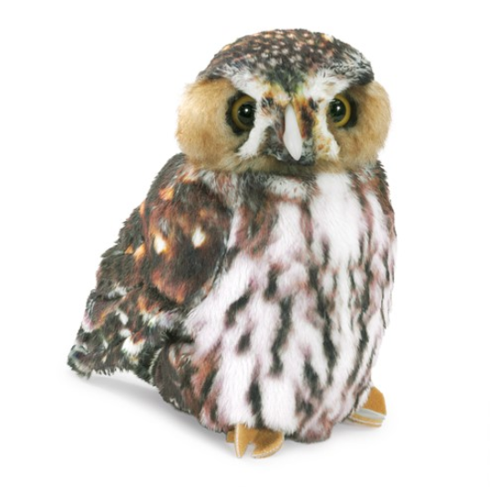 Front view of the Pygmy Owl plush puppet with clear view of it's colorful feathers and dark eyes.  