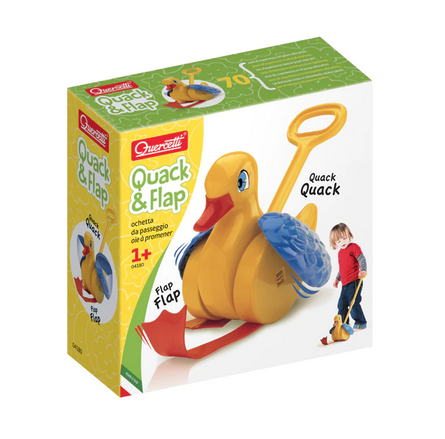 Quack and Flap box with a picture of the yellow duck with blue wings and orange feet that rotate while being pushed along. 