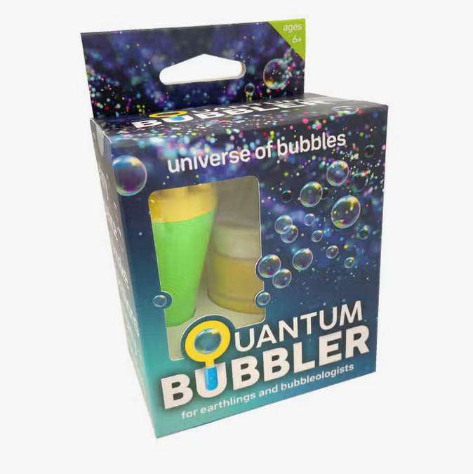Quantum Bubbler wand and bubble solution in it's box with bazillions of bubbles on it. 