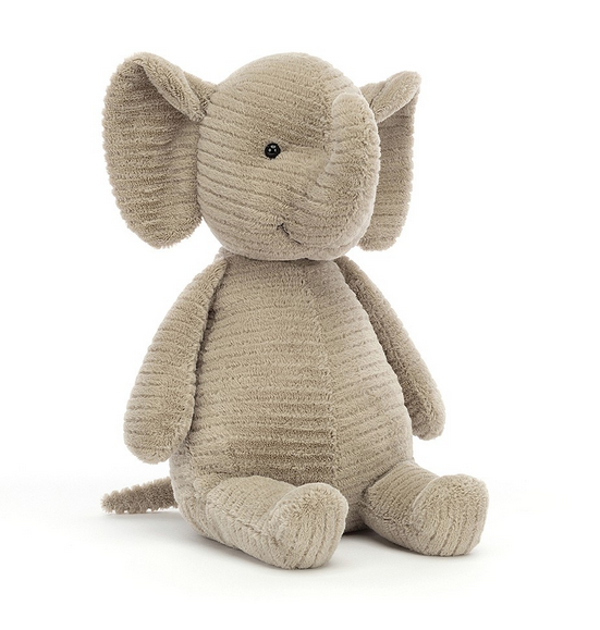 Grey striped plush elephant by Jellycat.