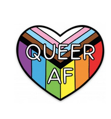 Diecut heart sticker with the updated pride flag colors. White text says "Queer AF."