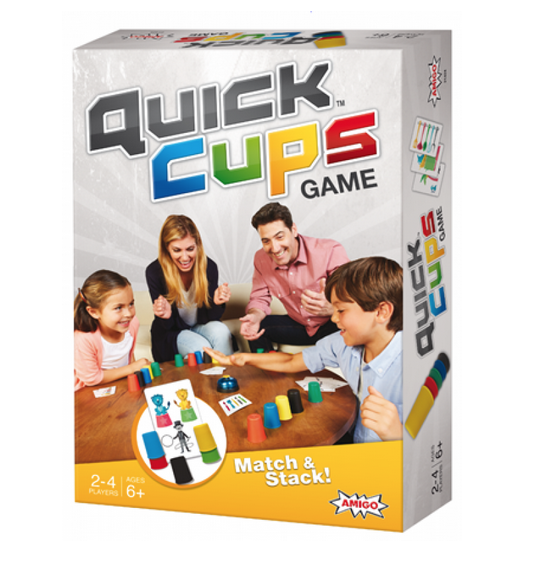 Box of Quick Cups game features a family sitting at a table playing the game.