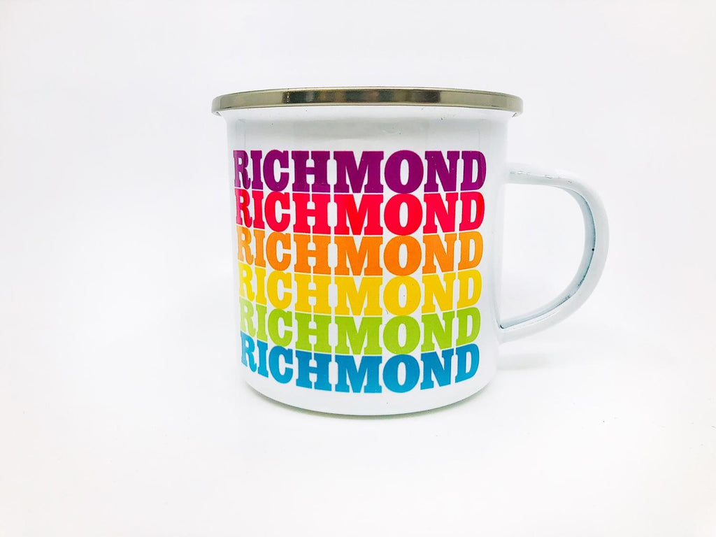 White camp mug with Richmond repeated in various bright rainbow colors.