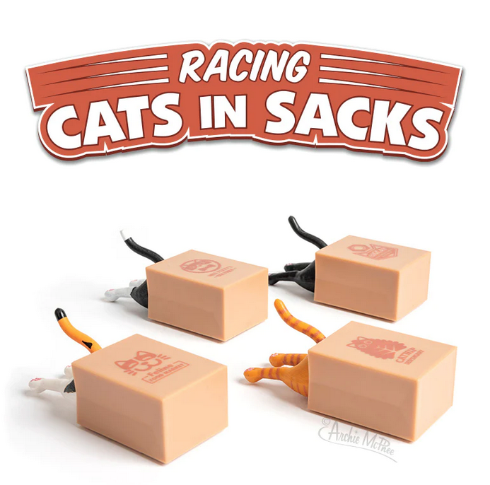 3-1/4" long, soft vinyl and plastic racers in four different colors, each featuring the back half of a different kitty head first in a paper sack made of soft vinyl. 