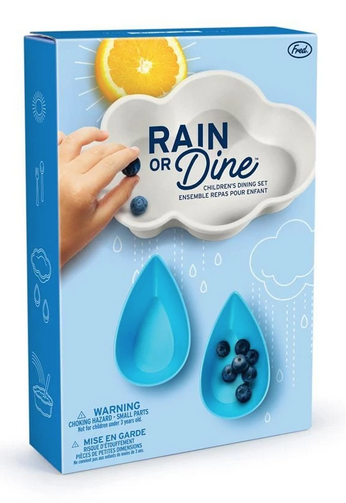 Rain or Dine children's dining set. One bigger white cloud shaped bowl and two smaller blue rain drop shaped snack bowls.