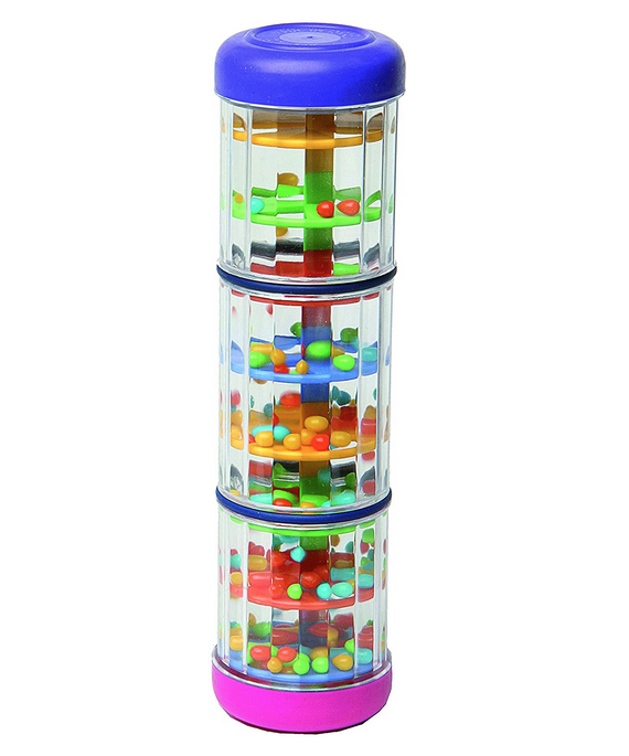 Plastic tower with different levels and small plastic beads that make a rainfall sound as they move.