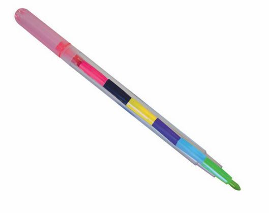 The Rainbow Color Crayon Pen on it's side. You can see all the colors, green, blue, purple, yellow, black, and pink. 