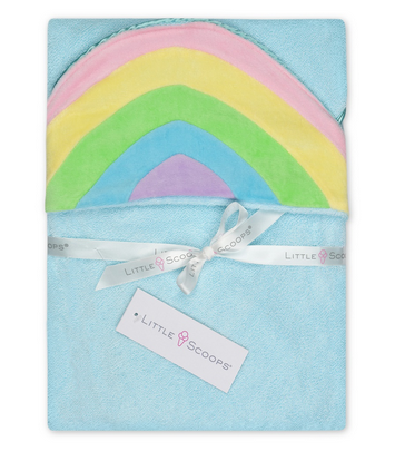 Light blue terrycloth hooded kid's towel. Hood has a pastel rainbow print.