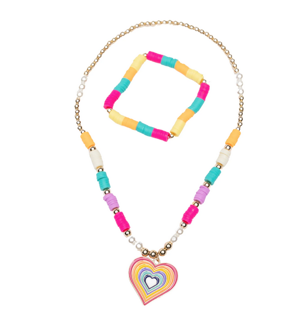 All the colors of the rainbow adorn this versatile, super cute necklace and bracelet. Colorful barrel beads in hot pink, purple, turquoise, white and yellow make their way to a heart charm in the center of the necklace Leading to the back of the necklace there are petite gold beads. The heart charm is multicolored with blue, purple, yellow, emanating to pink at the edges. The bracelet repeats the colors of the barrel beads.