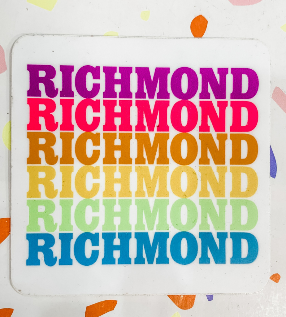 White square sticker with RICHMOND repeated in rainbow colors.