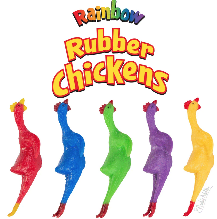 Mini rubber chickens in red, blue, green, purple and classic yellow. 
