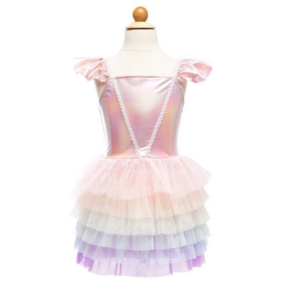 Rainbow Ruffle Tutu Dress. With a metallic iridescent spandex top and a rainbow tulle skirt made with layers of purple, blue, green, pink, and yellow tulle. The bodice is shimmery pink with ruffled sleeves.