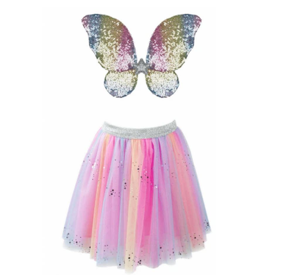 Set of pastel rainbow sequined butterfly wings and pastel rainbow tulle skirt with silver sequined sprinkled all over.