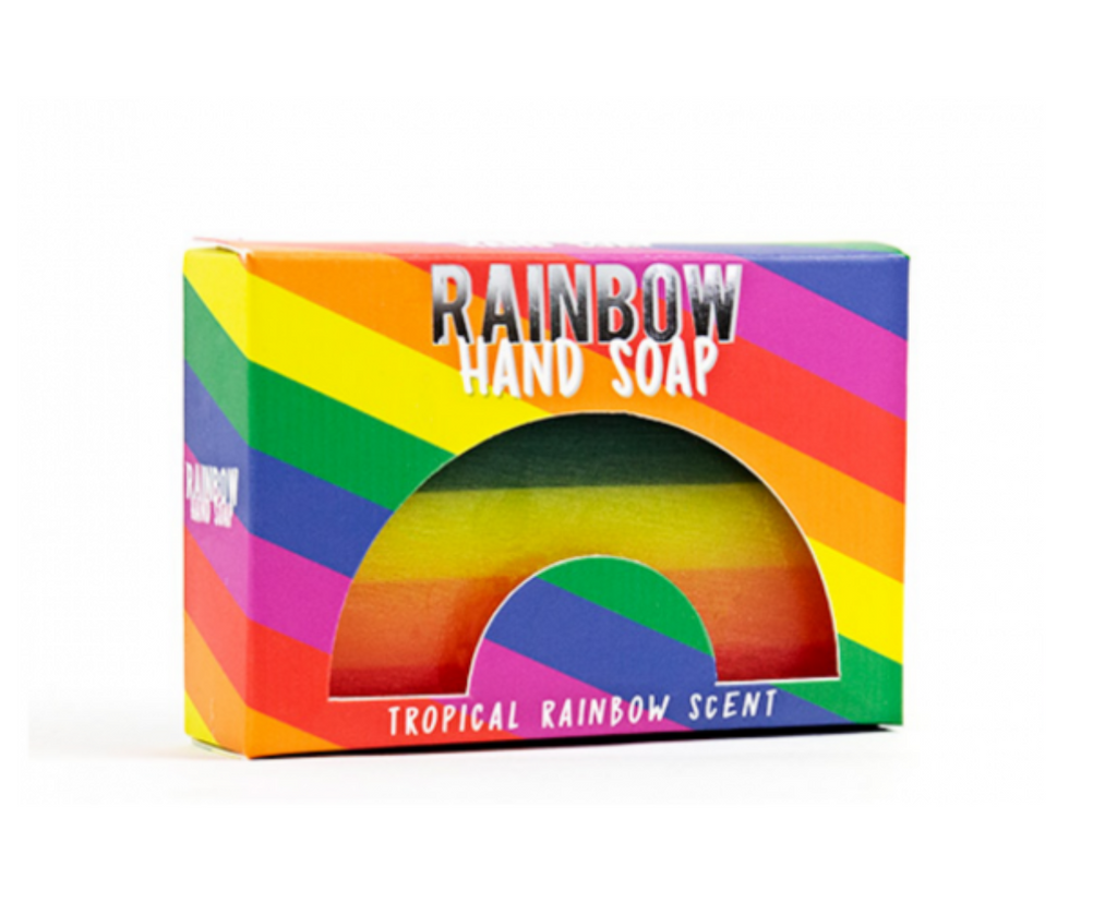 Rainbow hand soap in a rainbow box. Text reads tropical rainbow scent.