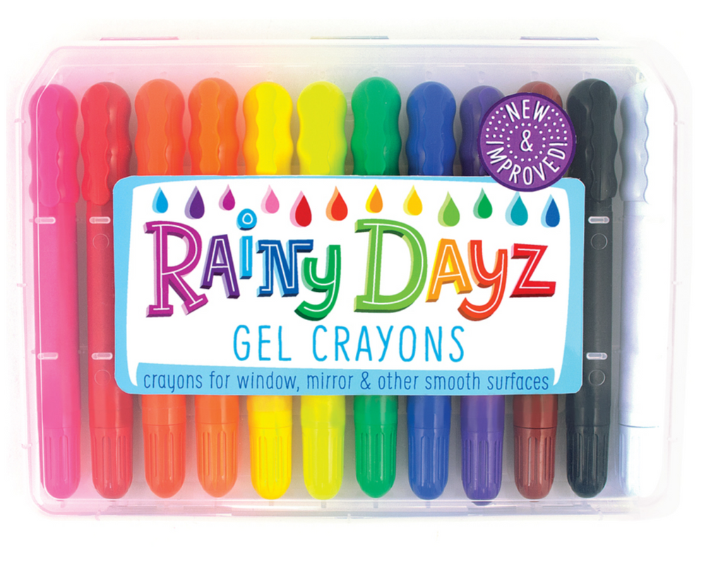 Plastic case full of Rainy Dayz gel crayons for window, mirror, and other smooth surfaces.