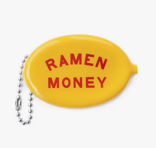 Yellow coin pouch with "Ramen Money" printed in red. 