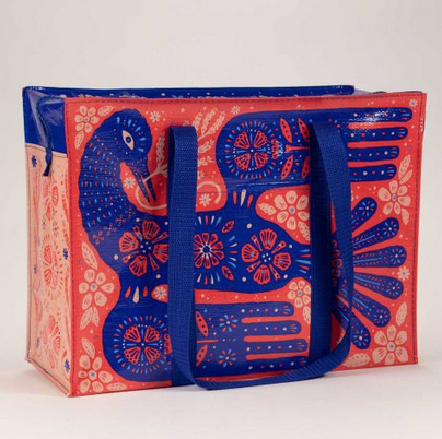 Shoulder tote with straps. The illustration of a folk art inspired bird in beautiful royal blues and shades of pink and reds. 