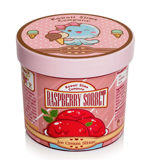 Raspberry sorbet scented ice cream slime is packaged in a carton. The carton is pink with a yummy bowl of the slime sorbet pictured on the front. 