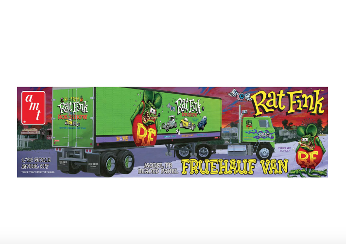 Box containing the Rat Fink Beaded Van Semi Trailer model kit. Featuring graphics of Rat Fink and hot rods. 