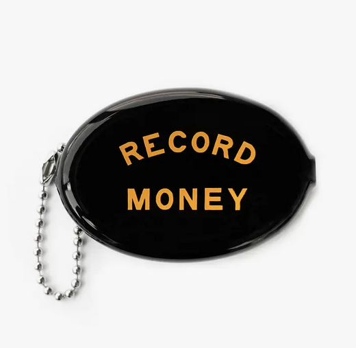 Black coin pouch with "Record Money" printed in gold. 