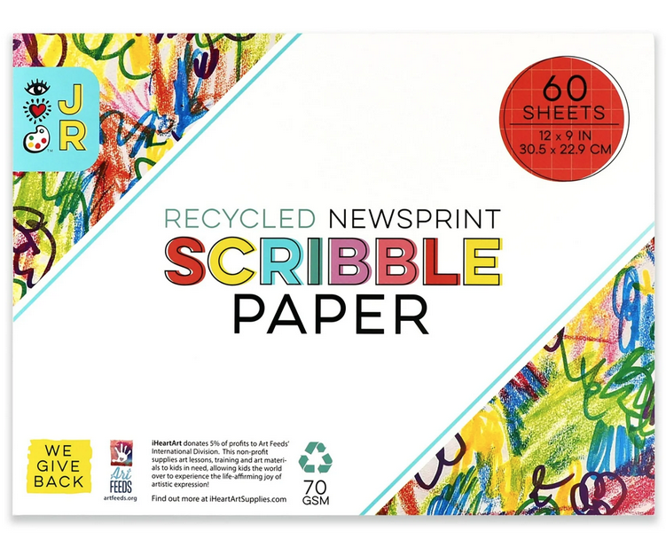 Cover for the Recycled Newsprint Scribble Paper Pad.  The cover is white with multicolored scribbles on each corner. 