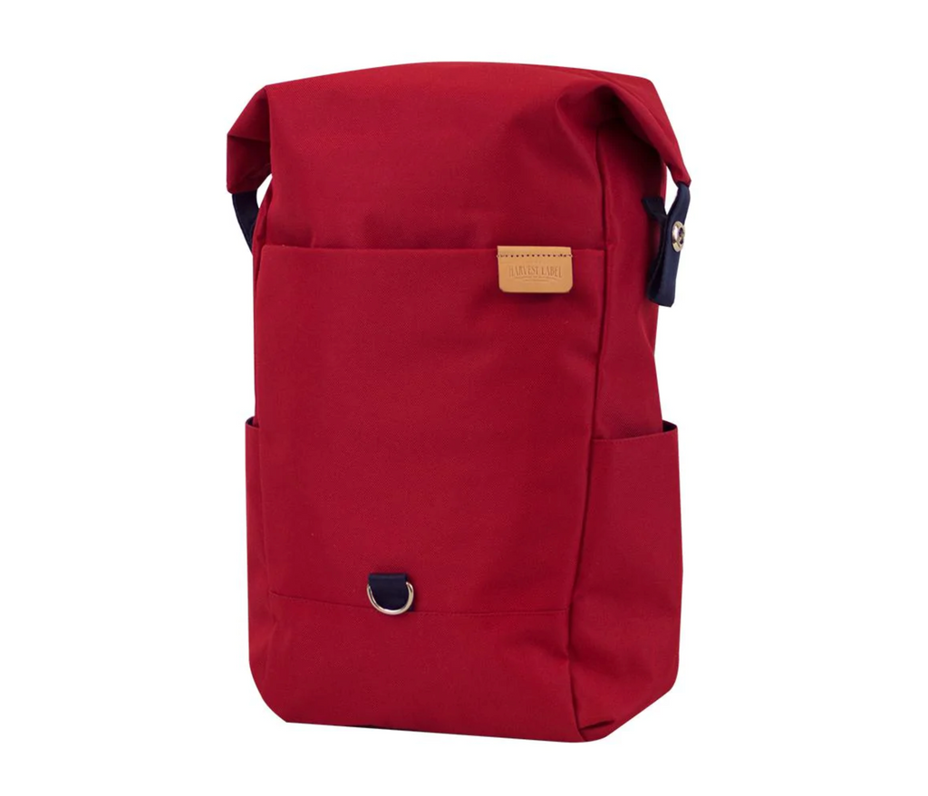 Red canvas highline backpack front view.