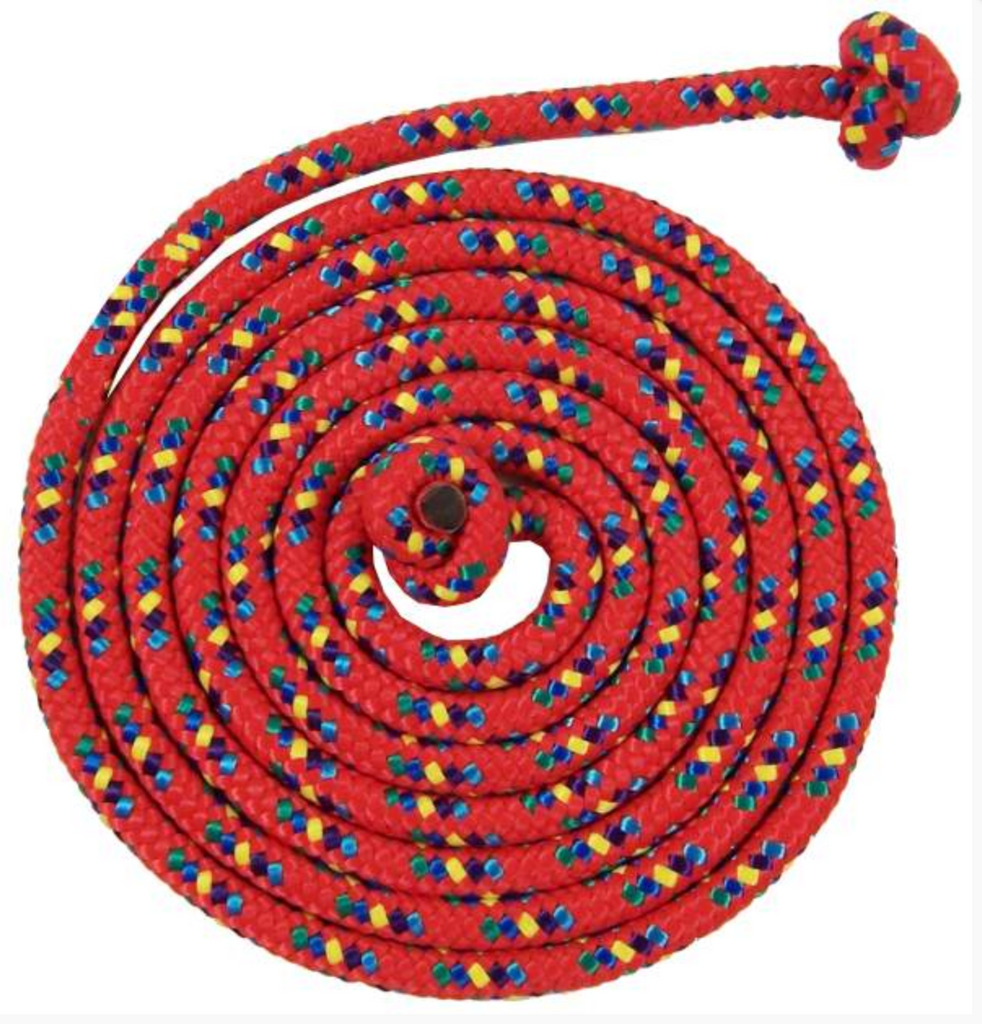 8 foot red jumprope with flecks of yellow, green, and blue.