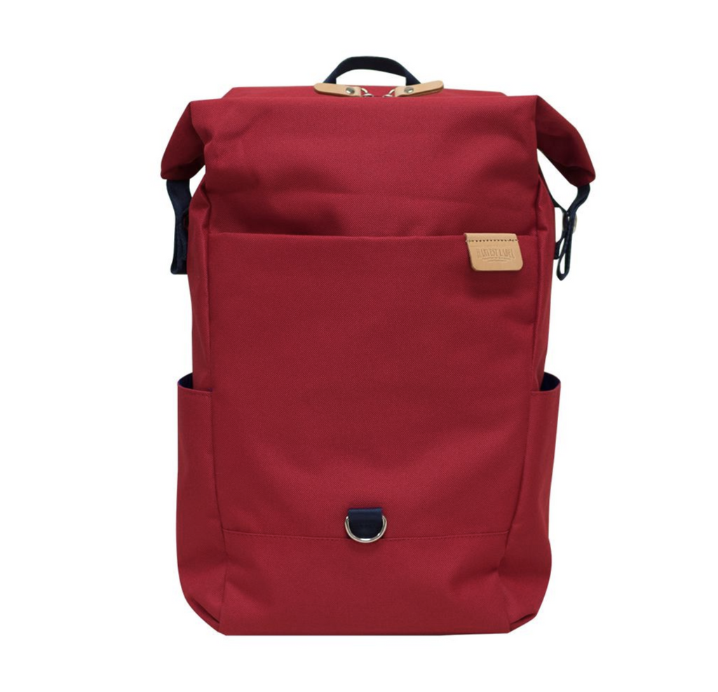 Red canvas highline backpack.