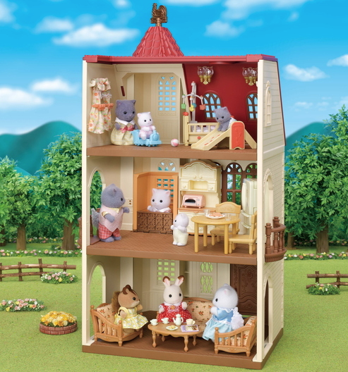back side of Calico Critters Red Roof Tower home showing figures playing in each room.