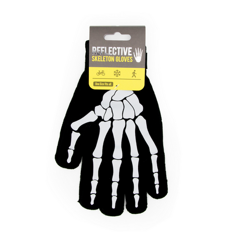 Reflective Skeleton gloves on a cardboard hang tag. 