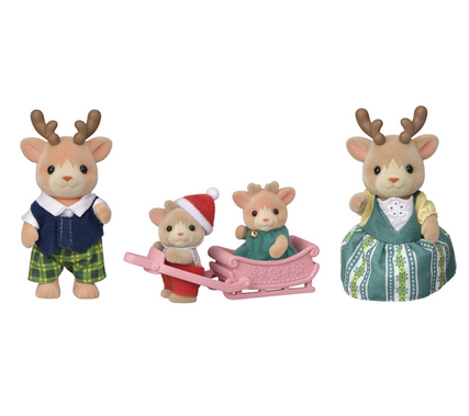 All four of the Calico Critters Reindeer Family. Jolly with plaid pants and blue vest. Brother with his santa hat, sister riding in the pink sleigh. And Mother in her green plaid dress. 