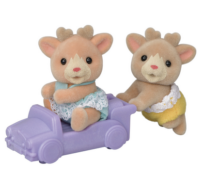 Calico Critters Ollie and Ginger Reindeer and purple pushcart vehicle accessory.