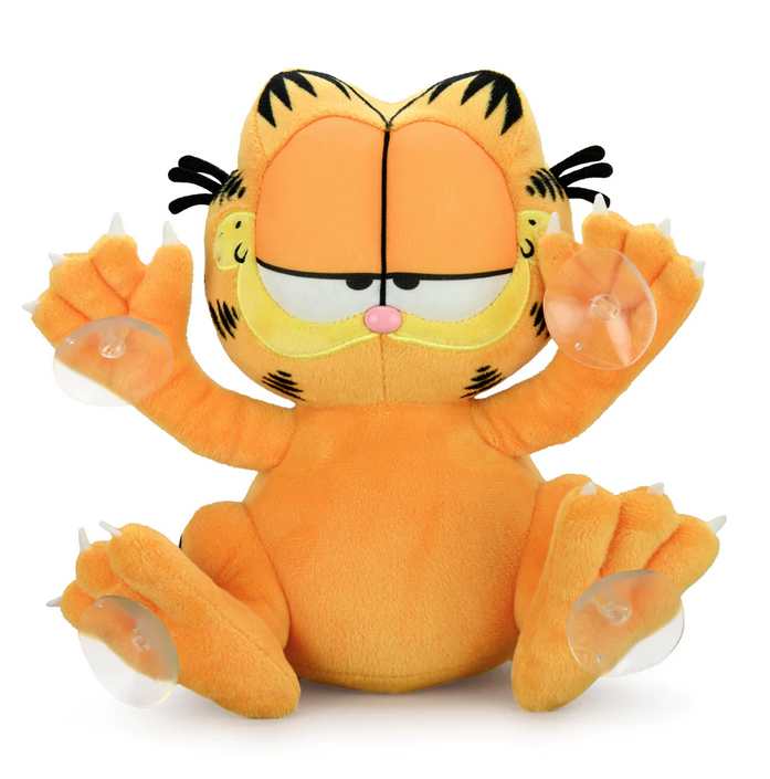 Relaxed Garfield as an 8-inch plush window clinger with 4 sturdy suction cups.
