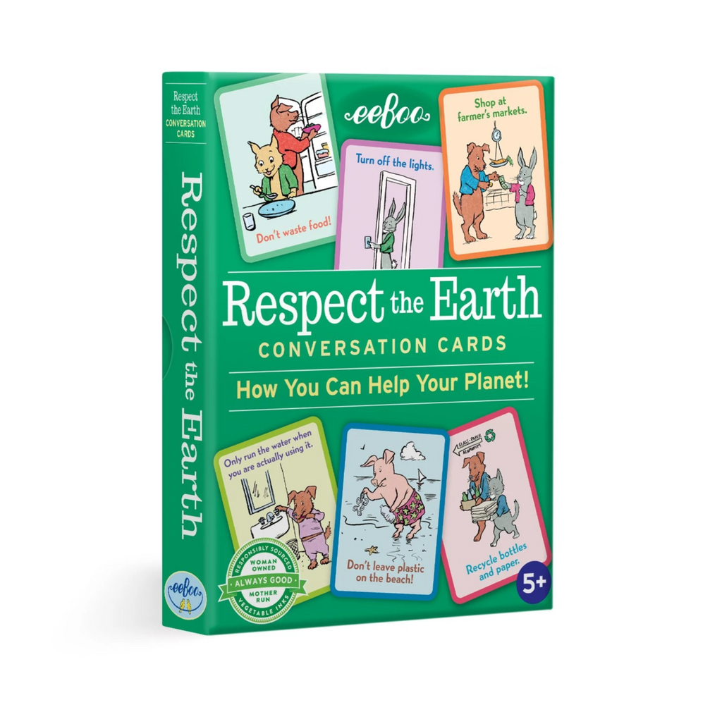 Green box of Respect the Earth Conversation Cards- How You Can Help the Planet for ages 5 and up. Cards show various animals doing things such as not wasting food, shopping at the farmer's market, picking up trash at the beach, and more.