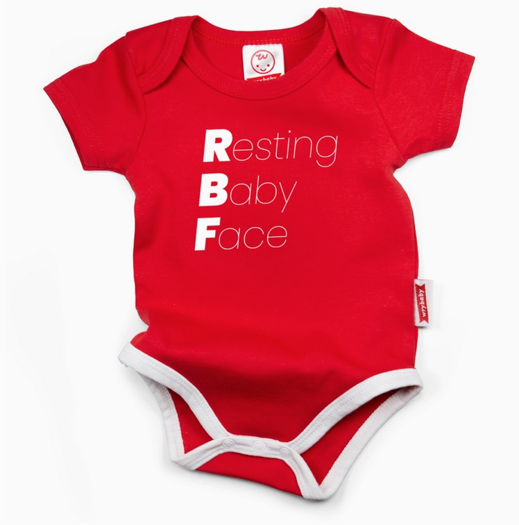 Red 3 snap baby onesie with white trim that reads Resting, Baby, Face. 