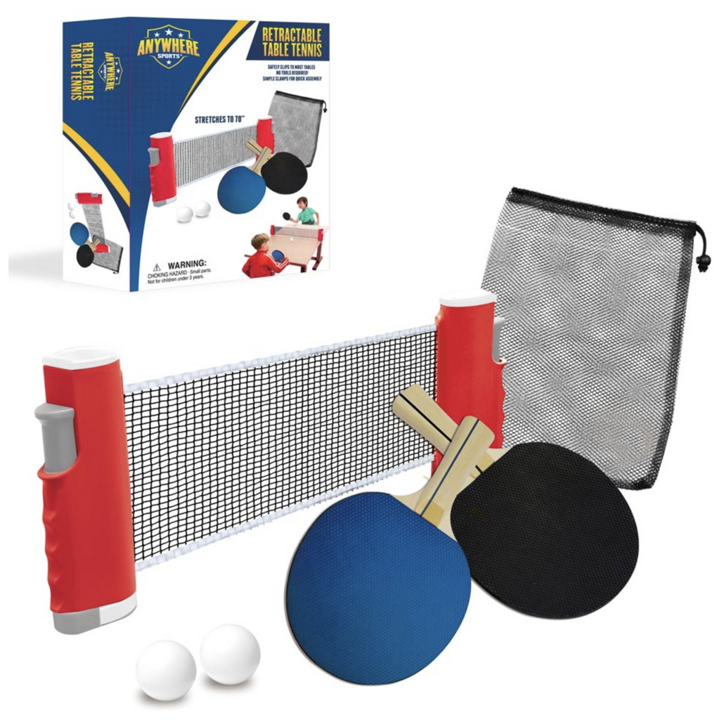 Table net, 2 paddles, 2 balls, carrying case, and box of the Retractable Table Tennis game.