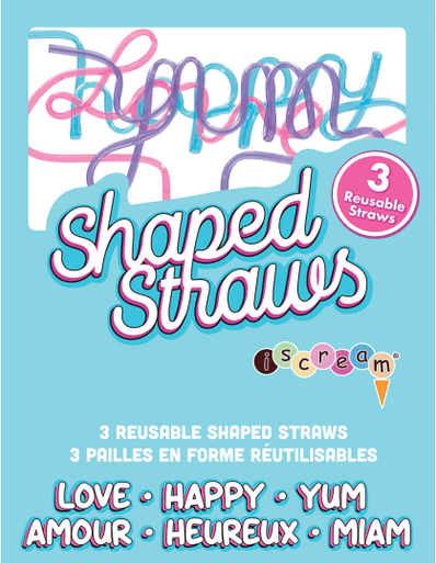Box of shaped straws. 3 reusable shaped straws that read "love", "happy", and "yum."