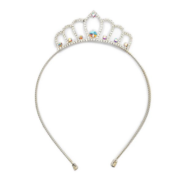 Crystal gemstones and meticulously placed iridescent gems make this headband tiara a true treat. Rhinestoned arches with irridescent beads at the base lead up to the center point with the irridescent beads at the base and the peak. 