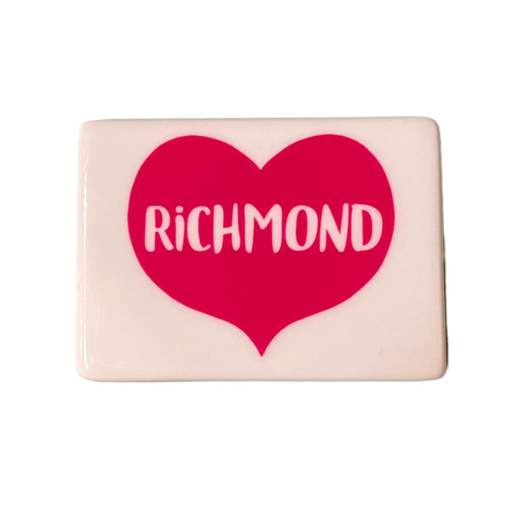 Pink heart Richmond  white ceramic tile magnet. 