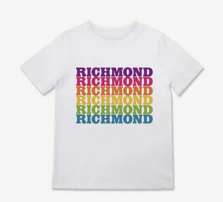 White toddler t-shirt with repeating rainbow lettering spelling out Richmond. 