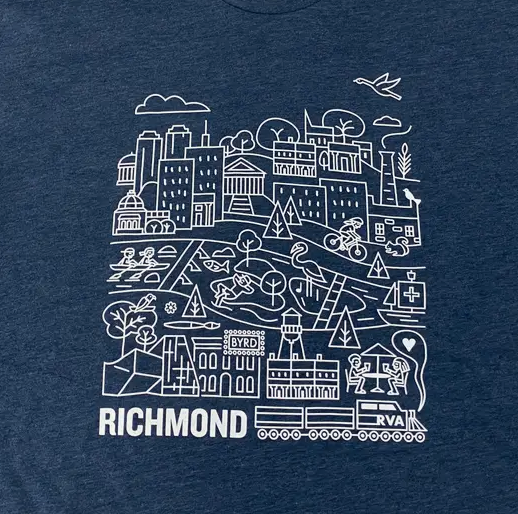 Tee features mural artwork of Richmond, Virginia's skyline and scenery by Laura Marr. The artwork includes VCU's new ICA building, The Byrd Theatre, Lewis Ginter Botanical Garden, The Poe Museum, and the State Capitol Building.