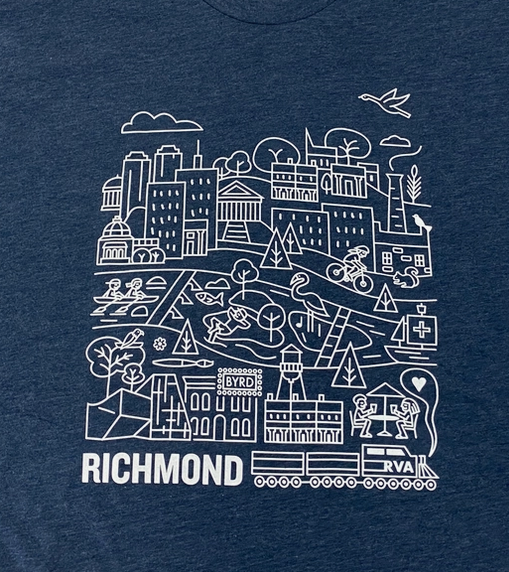 Tee features mural artwork of Richmond, Virginia's skyline on a heathered navy t-shirt. The artwork includes VCU's new ICA building, The Byrd Theatre, Lewis Ginter Botanical Garden, The Poe Museum, and the State Capitol Building.