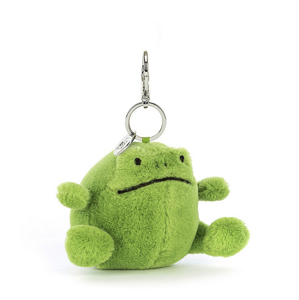 The Ricky Rain Frog Bag Charm has a strong silver clasp, squeezable paws and a podgy tummy. The color is leaf-green and it is the softest plush. 