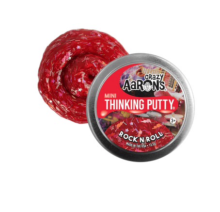 Mini tin of translucent red putty with sparkles and lightning bolts. The tin is silver and round with the label reading Mini Thinking Putty: Rock N' Roll
