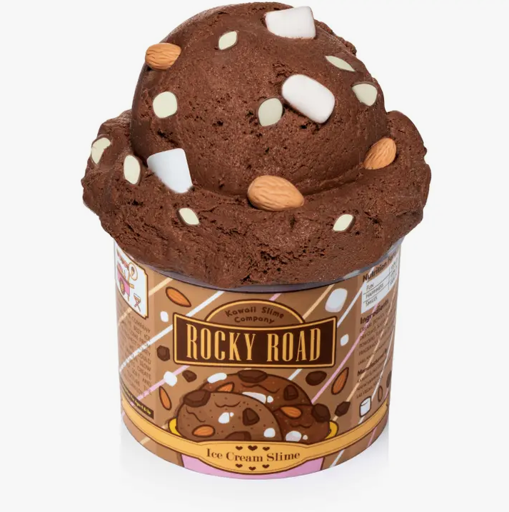 Rocky Road scented ice cream slime. Our ice cream pints holds it shape so well you can even "scoop" it to form a realistic looking ice cream. Each ice cream pint starts out with our famous "cloud creme" slime base and then we tailor each flavor to have a slightly different texture. 