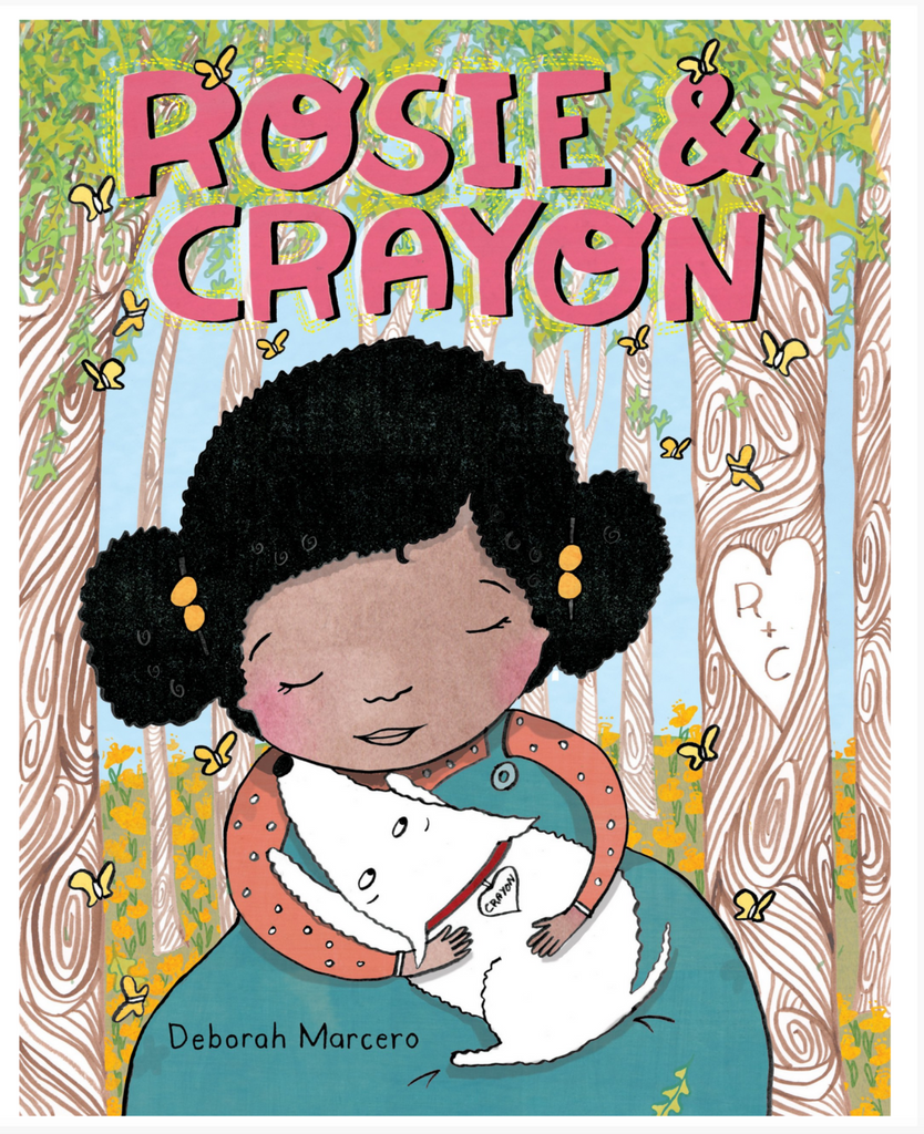Cover of Rosie and Crayon by Deborah Marcero book with an illsutration of a young Black girl in a blue dress holding her white puppy Crayon.