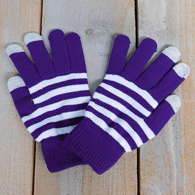 Royal blue and white striped gloves.