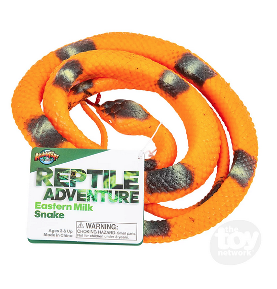 The Eastern Milk rubber snake with orange scales and black, grey markings coiled with cardboard tag that read "Reptile Adventure"