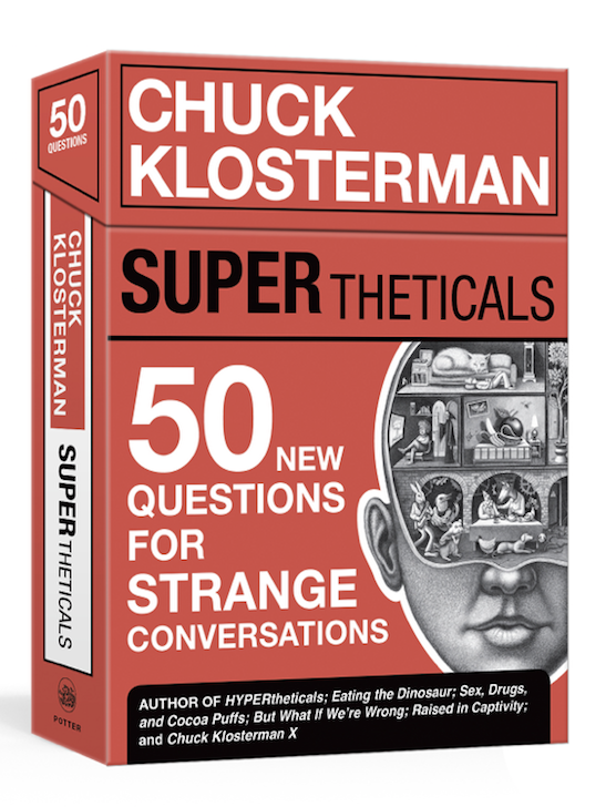 Red box of game "Super Theticals: 50 New Questions For Strange Conversations" By Chuck Klosterman.