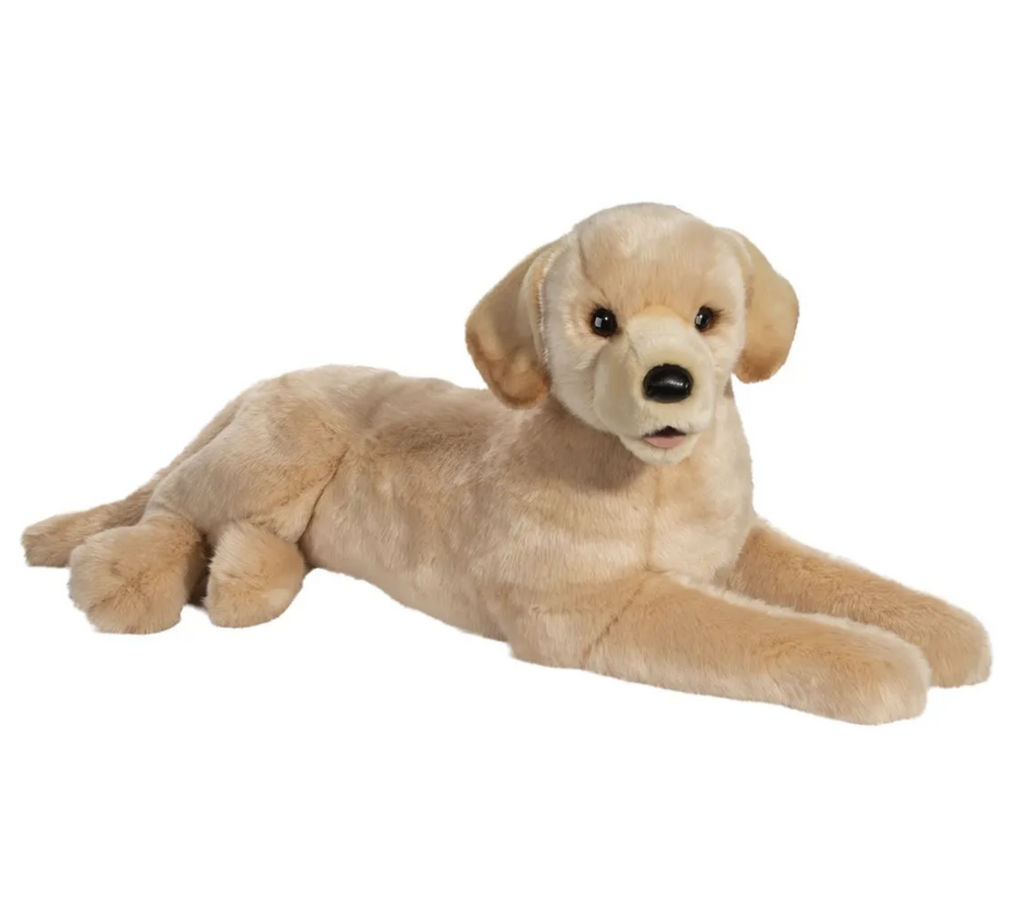 This beautiful Labrador Retriever stretches 30” in length and is crafted with pillow-soft faux fur materials. Sadie’s bean-filled paws lend a lifelike, floppy feel, while quality polyester fill ensures she’ll bounce back after every hug. Her facial features include amber colored eyes, a leatherette nose, and an open mouth detailed with a pink tongue. For a finishing touch, we’ve fringed her ears with soft, brown airbrushing for an extra realistic appearance.